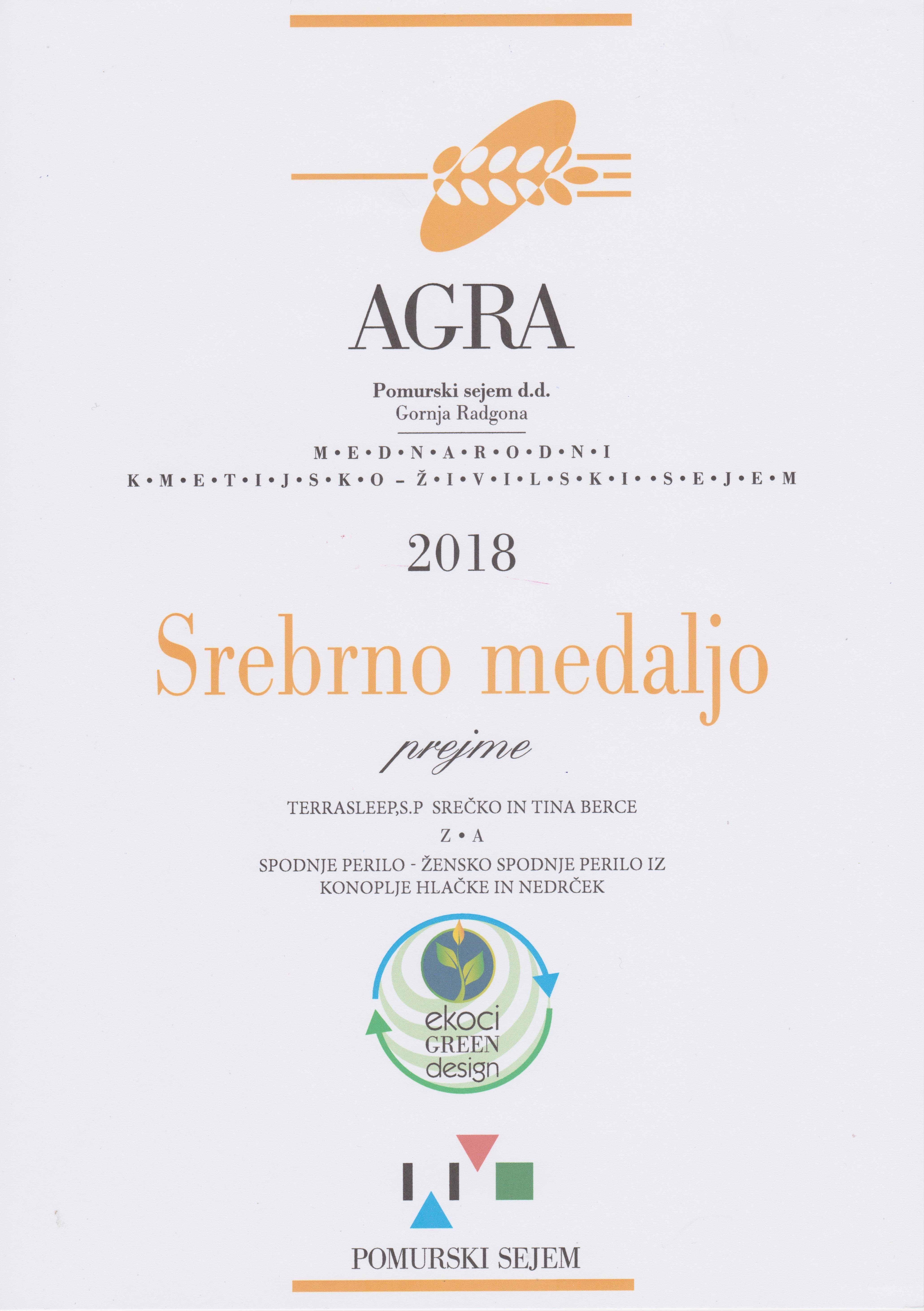 Srebrna medalja AGRA 2018 - konopljino spodnje perilo
