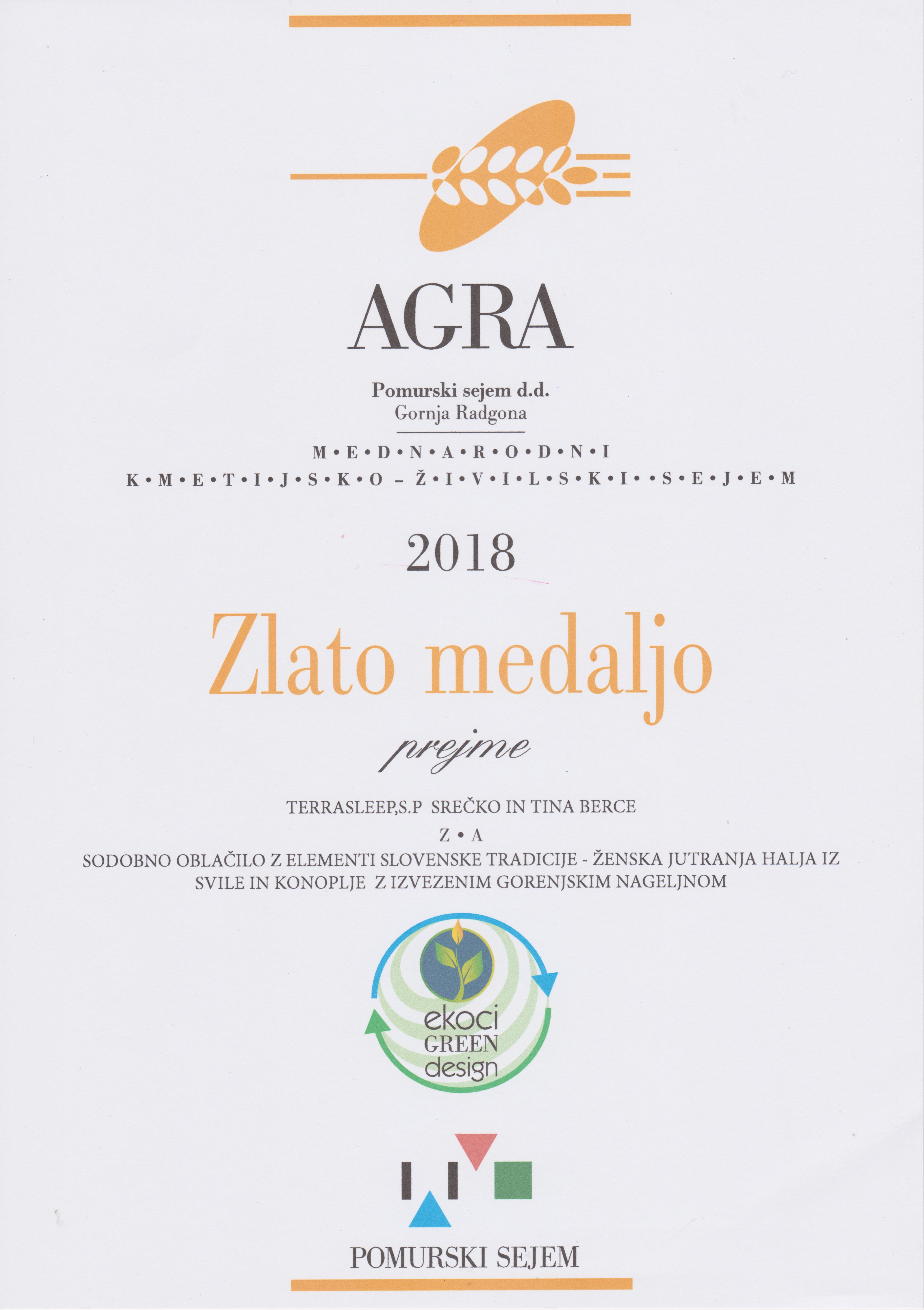 Zlata medalja AGRA 2018 - sodobno oblačilo z elementi slovenske tradicije
