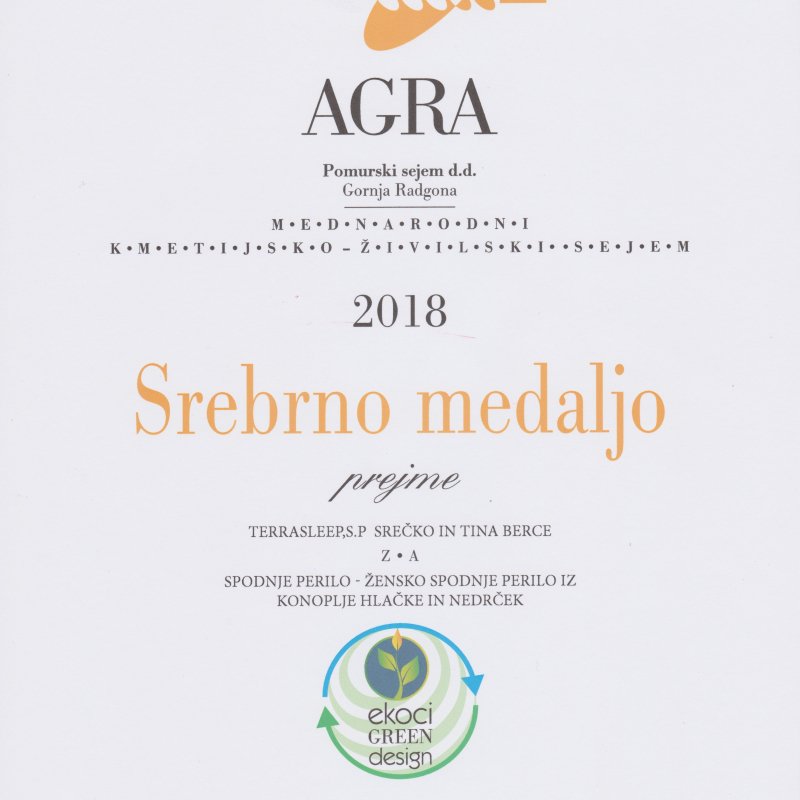 Srebrna medalja AGRA 2018 - konopljino spodnje perilo